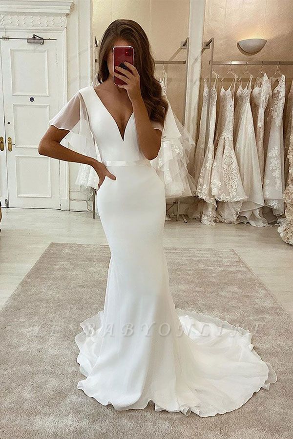 Graceful Short Sleeve Plunging V Neckline Sash Organza Mermaid Wedding Dresses