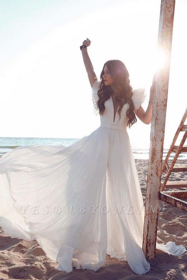 Sexy Short Sleeve Floor Length Tulle Flowing A Line Wedding Dresses