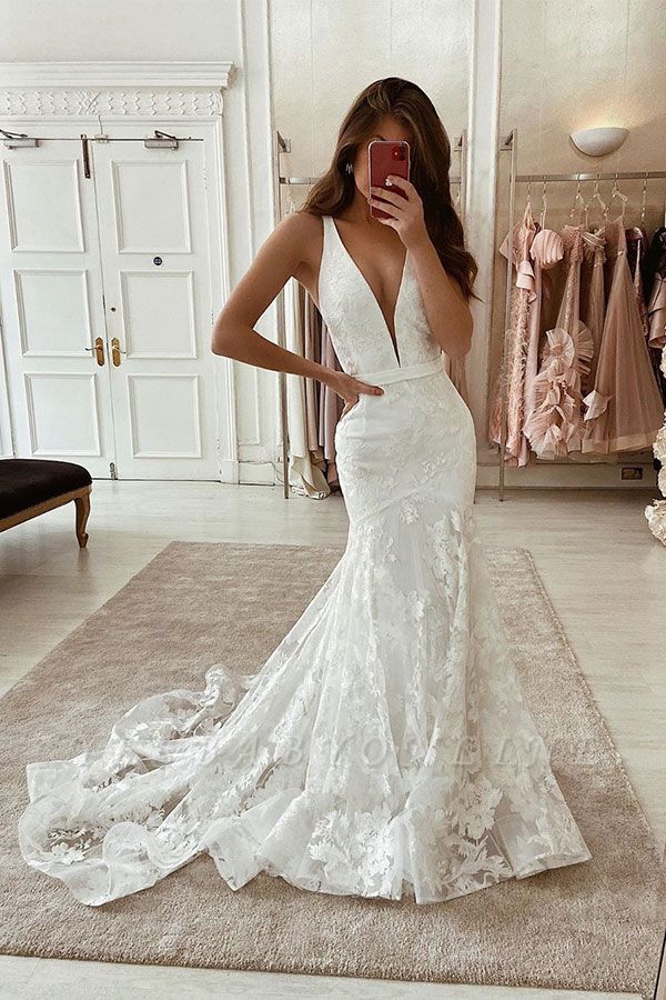 Straps Plunging V Neck Sash Applique Lace Mermaid Wedding Dresses