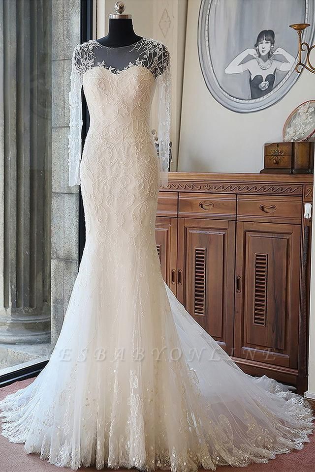 Gorgeous Long Sleeve Jewel Pearls Wedding Dresses | Sheer Back Applique Wedding Gown