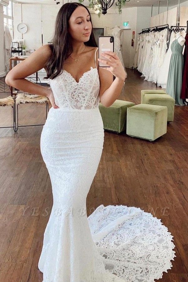 Spaghetti Strap Sweetheart Lace Fitted Mermaid Wedding Dresses