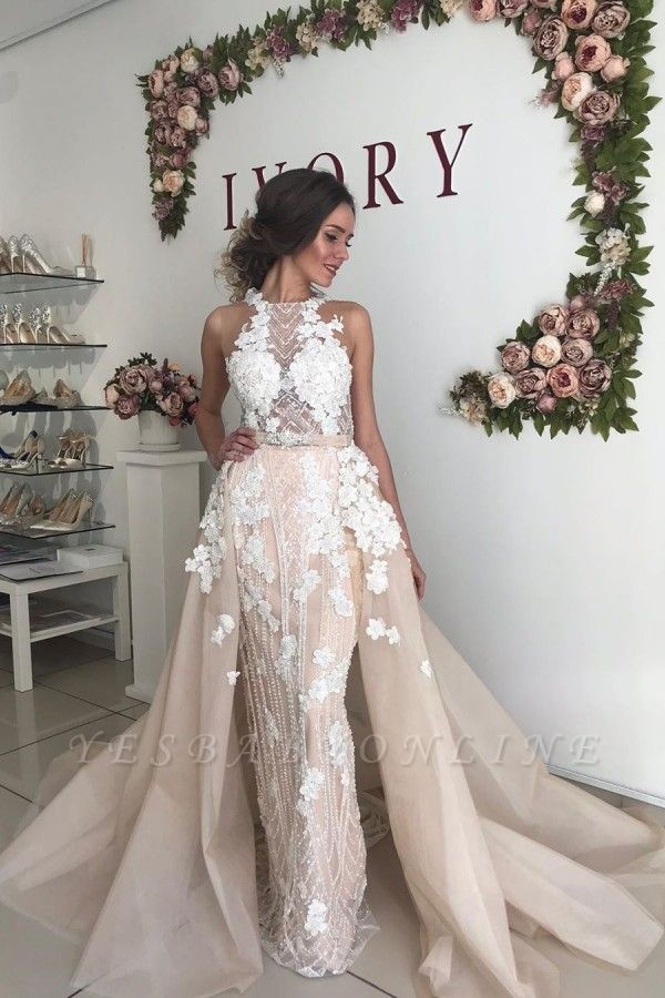 Sexy High Neck Open Back Floral Crystal Pearls Sash Detachable Skirt Sheath Wedding dresses
