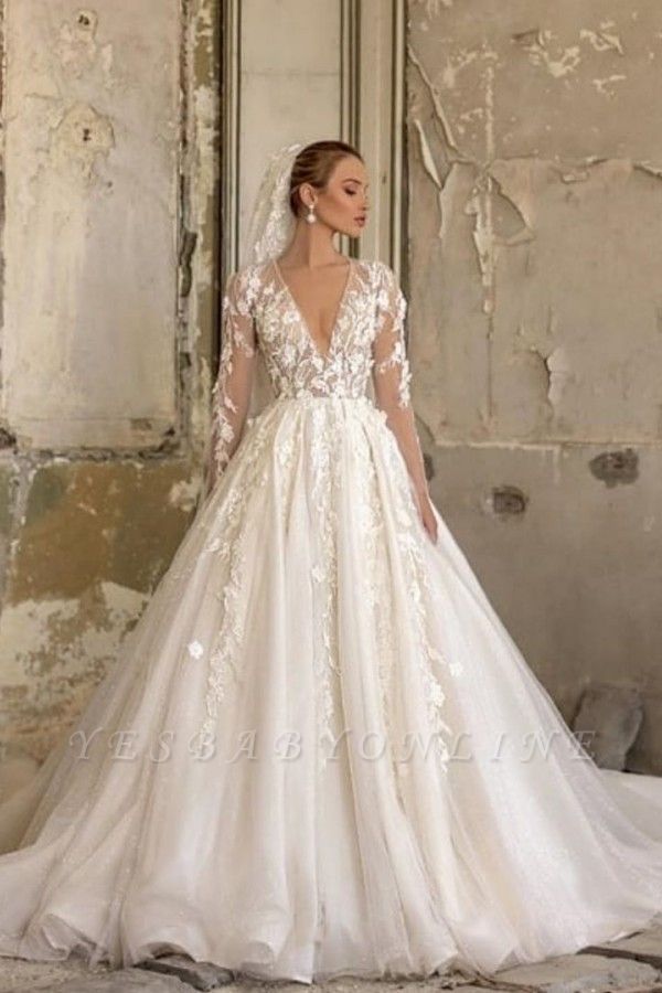 Alluring Deep V Neck Applique Pleats A Line Wedding Dresses | Floral Bridal Gown