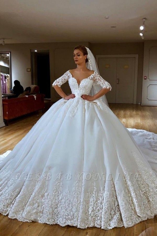 Sweetheart Lace Princess Wedding Dresses with Long Sleeves | Ball Gown ...