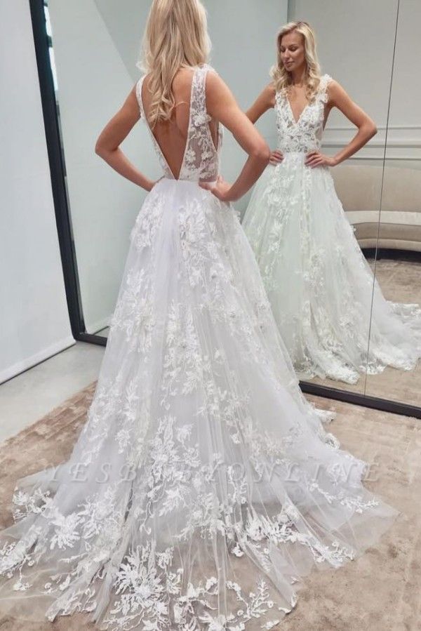 Beautiful Long V-neck A-line Tulle Lace Backless Wedding Dress
