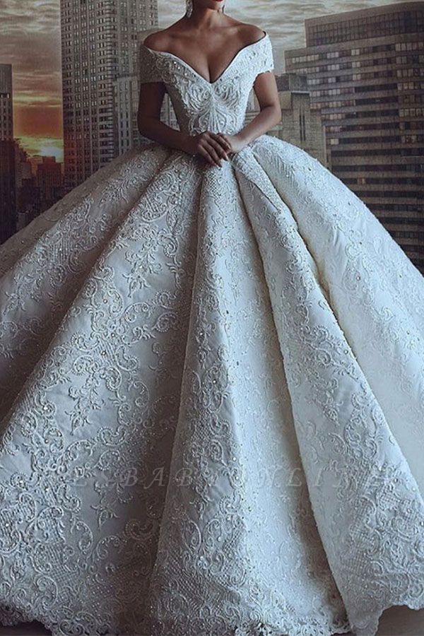 Gorgeous Sweetheart V Back Off The Shoulder Crystal Sequin Applique Pleated Ball Gown Wedding Dresses
