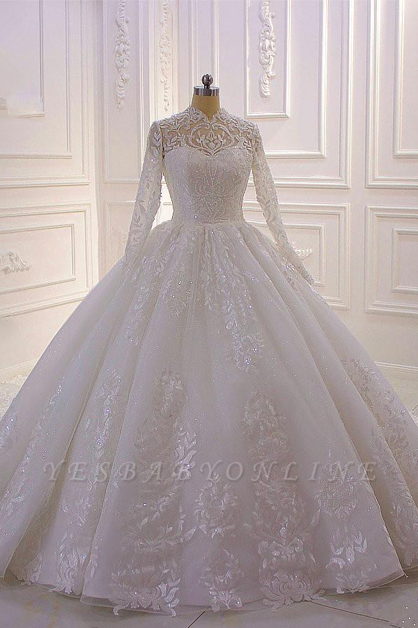 Gorgeous Long Sleeve High Neck Applique Ball Gown Wedding Dresses | Sequin Floor Legnth Wedding Gown