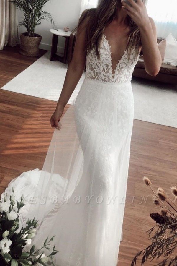 Sexy Straps Applique Crystal Floor Length Fitted Mermaid Wedding Dresses With Detachable Skirt