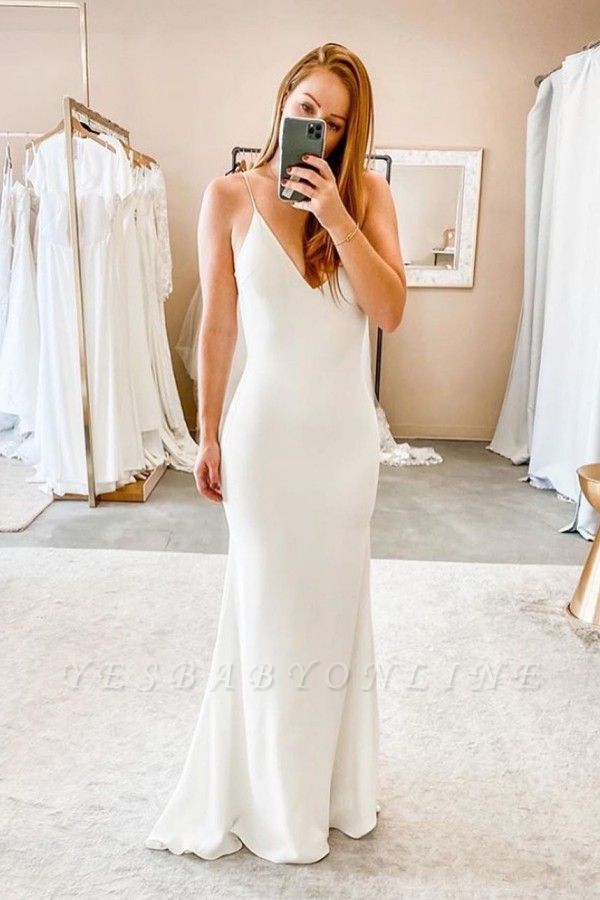 Spaghetti Strap V Neck Backless Sheath Wedding Dresses