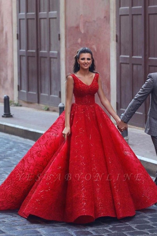 Red Straps Sweetheart Sequin Ball Gown Prom Dresses | Crystal Lace Evening Dresses