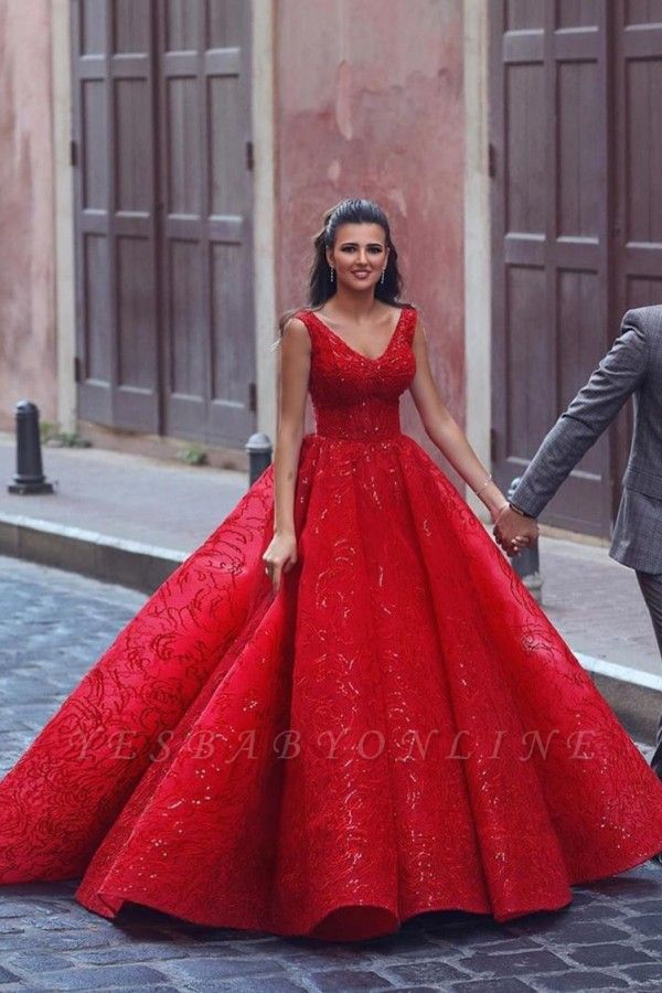 Red Straps Sweetheart Sequin Ball Gown Prom Dresses | Crystal Lace ...