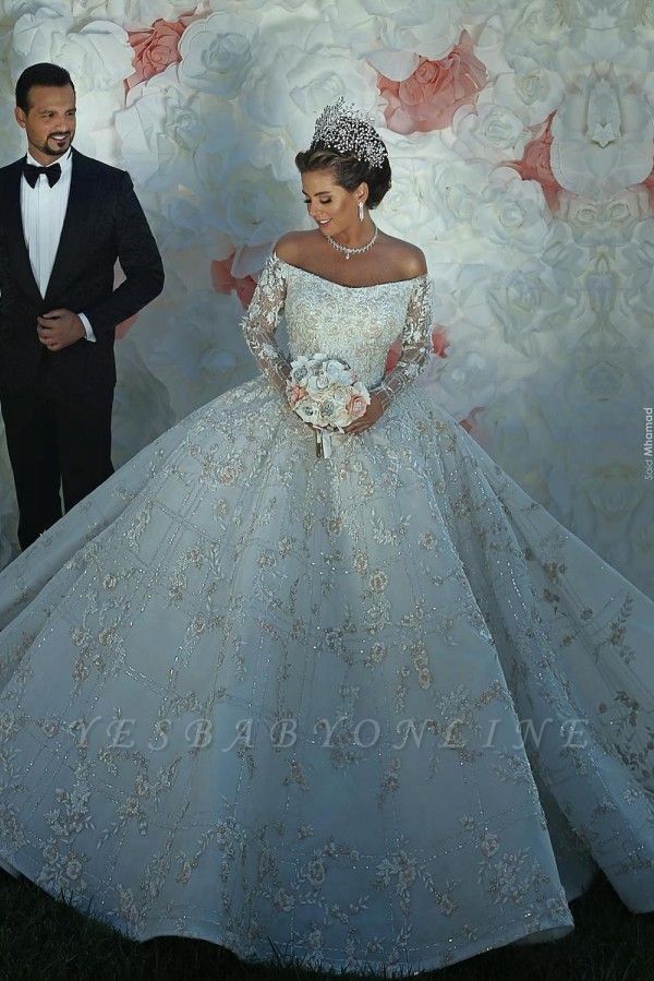 Long Sleeve Off The Shoulder Sweetheart Applique Crystal Ball Gown Wedding Dresses