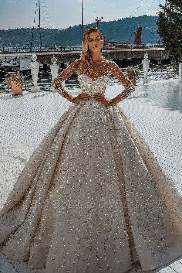 Sparkly Long Sleeve Jewel Crystal Sequin Pleated Ball Gown Wedding Dresses