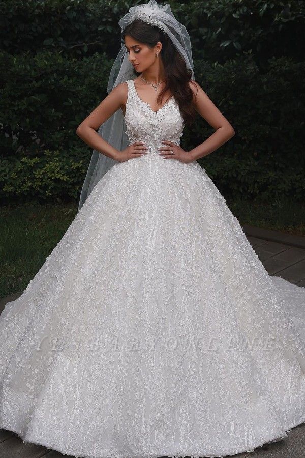 Elegant Straps V Neck Backless Floral Crystal Pleated Ball Gown Wedding Dresses