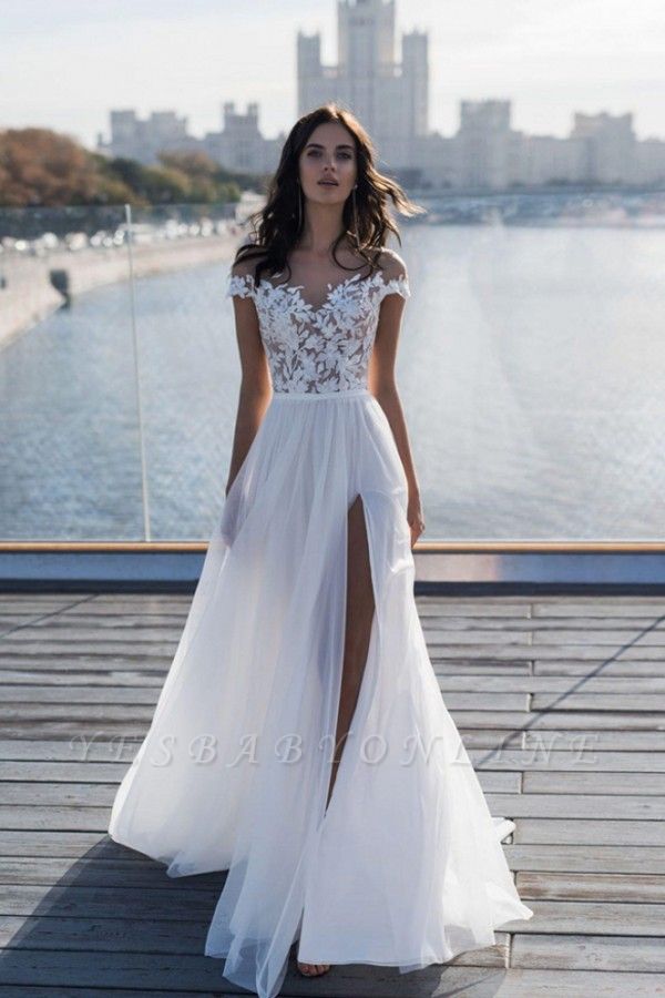 Jewel Slit Lace A Line Wedding Dresses | Sheer Back Sash Bridal Gown