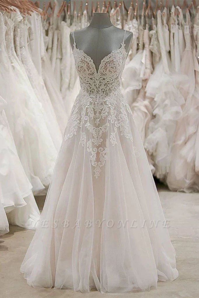 V Neck Spaghetti Strap Lace Wedding Dresses | A Line Wedding Gown