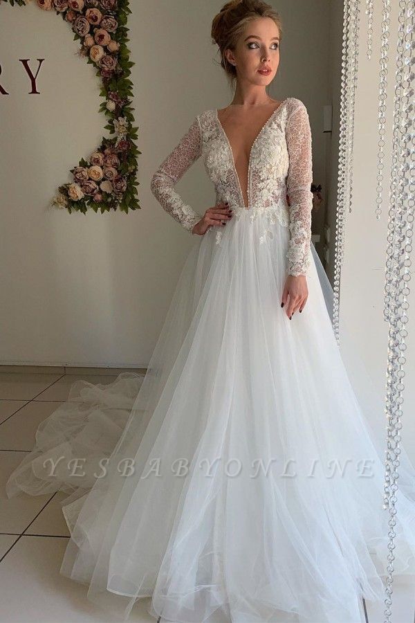 Elegant Long Sleeve Plunging V Neck Applique Flowing Tulle A Line Wedding Dresses