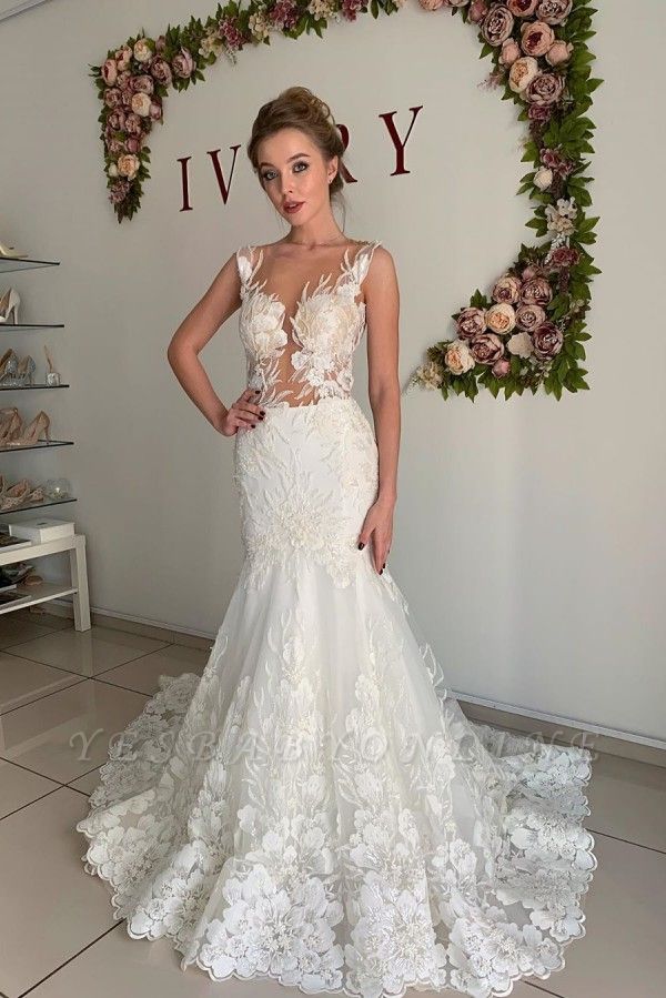 Straps Jewel Applique Tulle Fit And Flare Pleated Mermaid Wedding Dresses