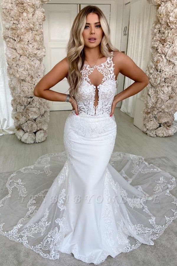 Sexy Jewel  Sleeveless Lace Backless Mermaid Wedding Dress
