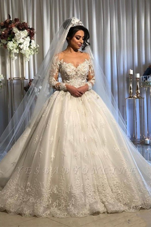 Jewel Lace Ball Gown Wedding Dresses with Long Sleeves