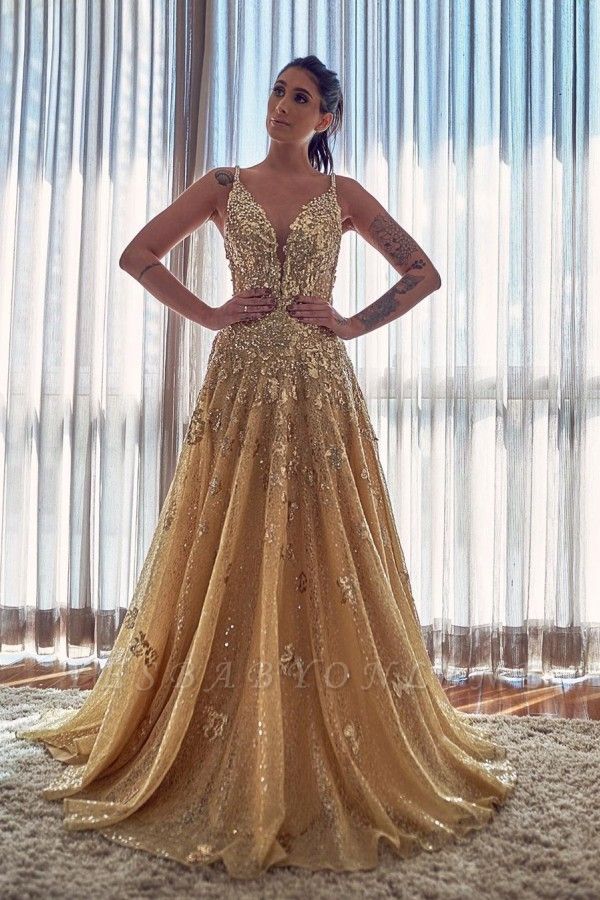 Gold Spaghetti Strap Applique A Line Prom Dresses | V Neck Crystal Sequin  Long Evening Dresses