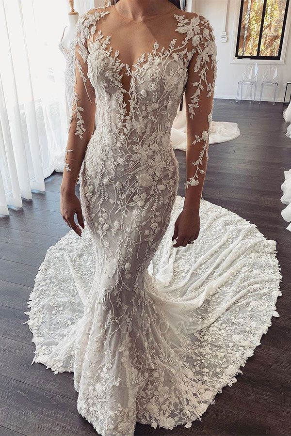 Elegant Jewel Long Sleeve Illusion Back Lace Floral Fitted Mermaid Wedding Dresses