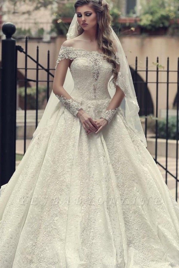 Off The Shoulder Lace A Line Wedding Dresses | Long Sleeve Wedding Gown