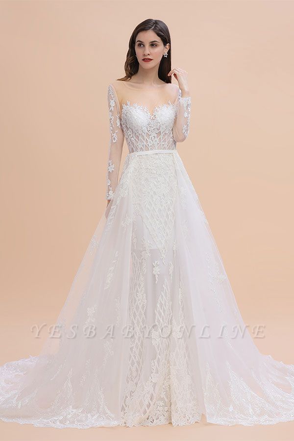 Long Sleeve Jewel Applique A Line Lace Wedding Dresses