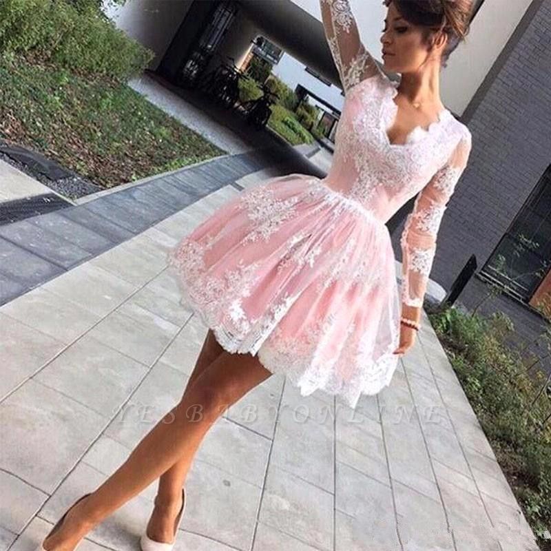 Pink Long Sleeve Lace Short A Line Homecoming Dresses | Yesbabyonline.com