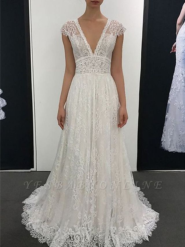 Vintage Deep V-neck Backless Lace Floor-length A-Line Wedding Dress