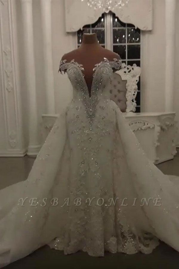 Luxury Sheer Jewel Cap Sleeve Applique Beading Mermaid Wedding Dresses With Detachable Skirt