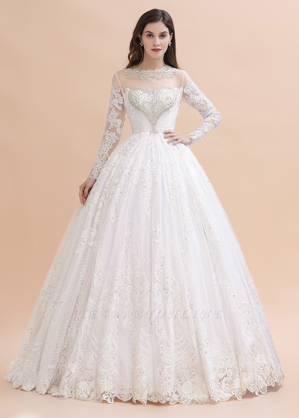 Long Sleeve Jewel Applique A Line Wedding Dresses | Crystal Wedding Gown