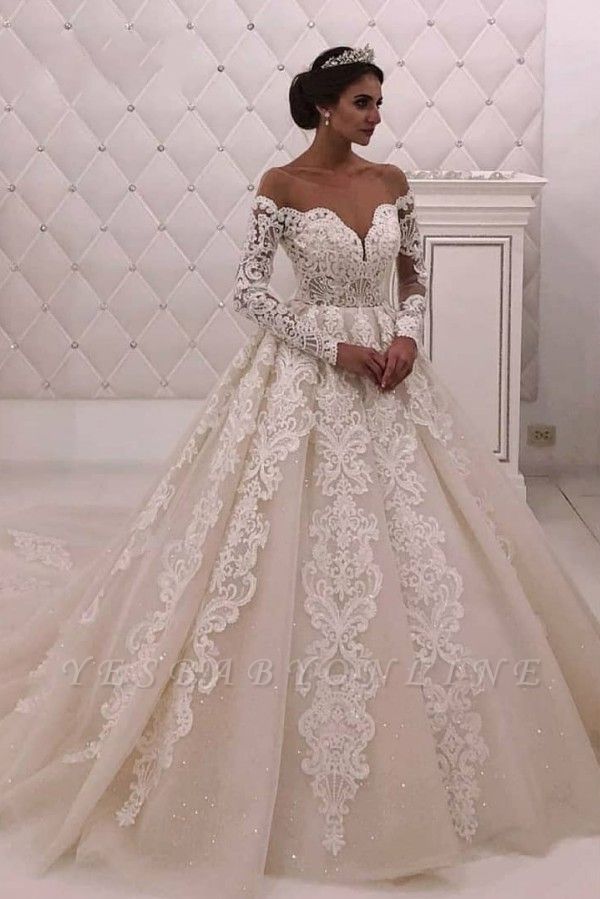 Off The Shoulder Long Sleeve A Line Wedding Dresses |Appique Bridal Gown
