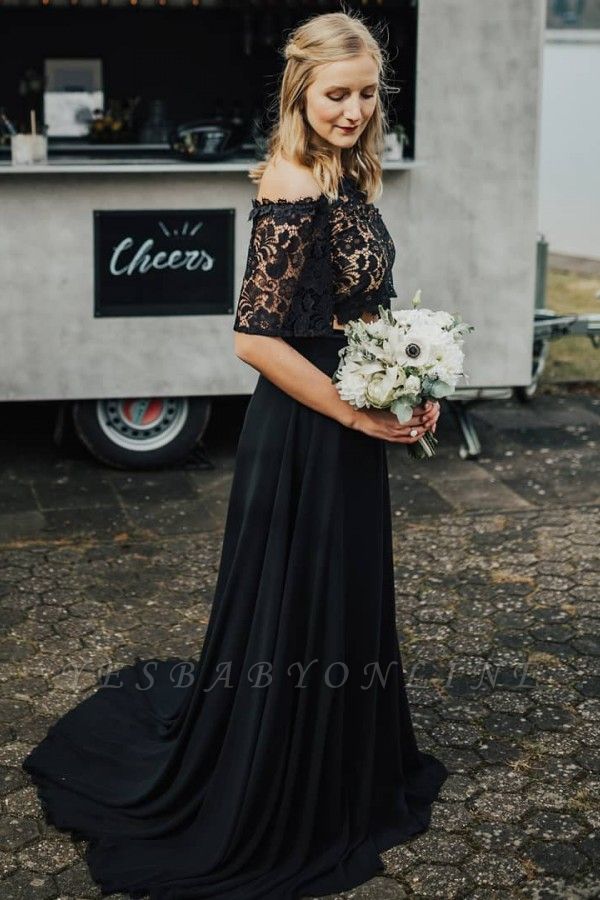 Glamorous Off The Shoulder Black Chiffon Lace Prom Dresses With Half Sleeves