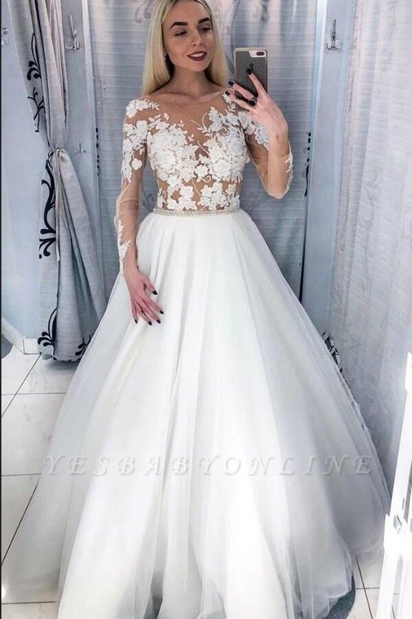 Modest A-line Tulle Floor-length Long Sleeves Wedding Dress with ...