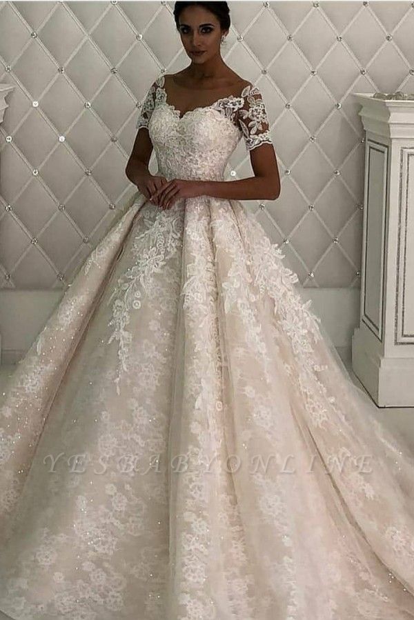 Gorgeous Short Sleeve Jewel A Line Wedding Dresses | Beaded Wedding Gown