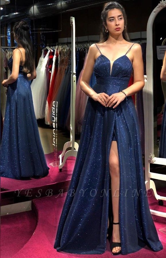Elegant Long A-line Sparkly Sequins Open Back Prom Dress with slit