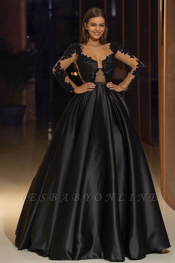 Charming Black Long Sleeve Appliques Lace Beading A-Line Ruffles Satin Prom Dress