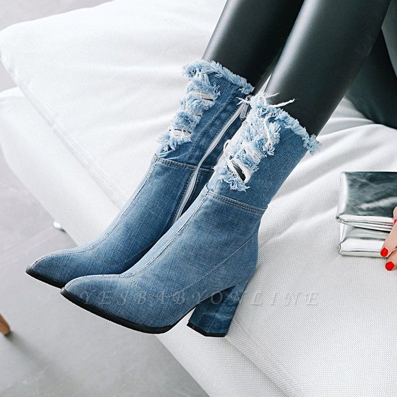 Women's Boots Dark Blue Pointed Toe Chunky Heel Boots