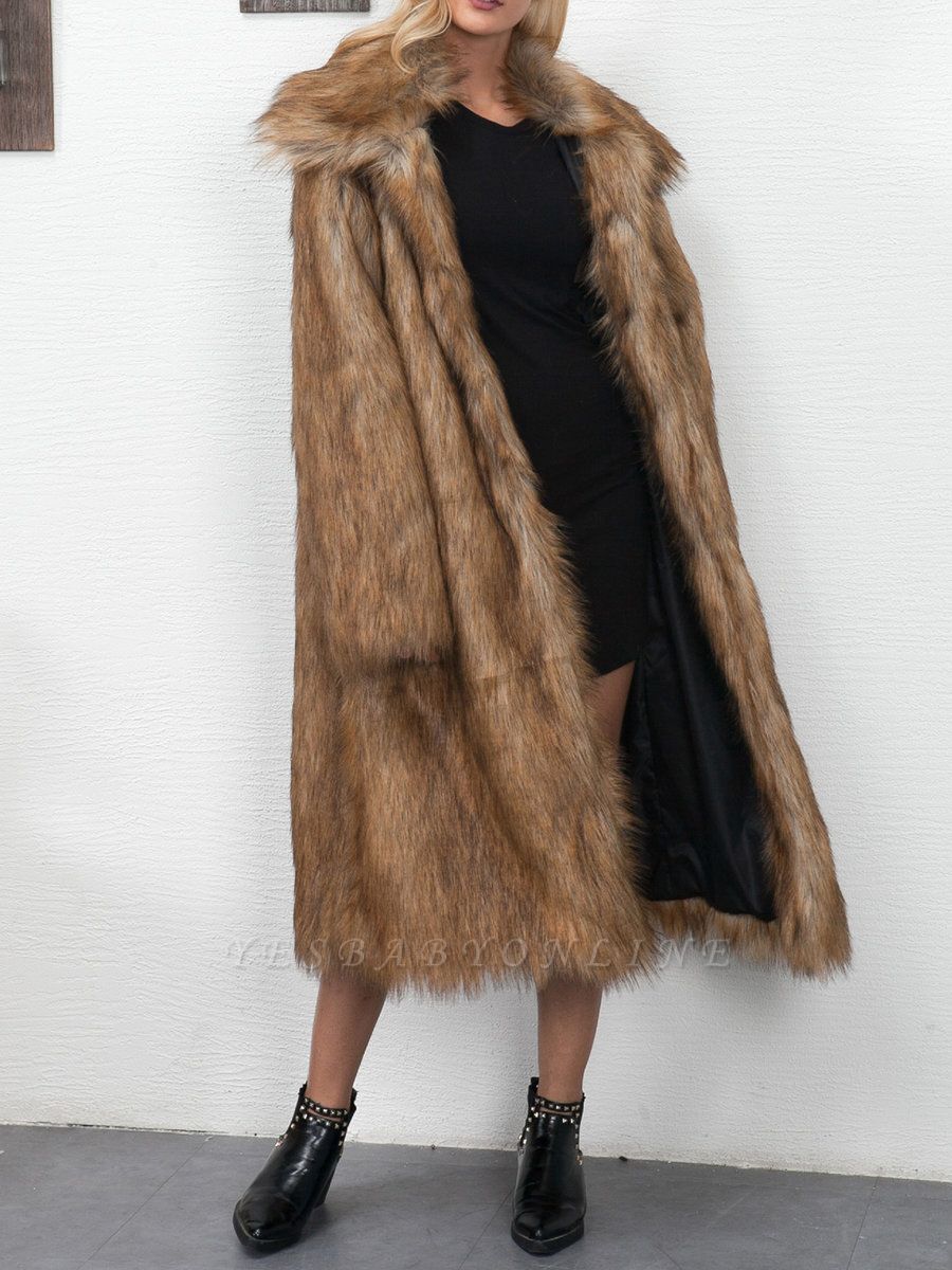 Long Sleeve Solid Crew Neck Fluffy Fur and Shearling Coat ...