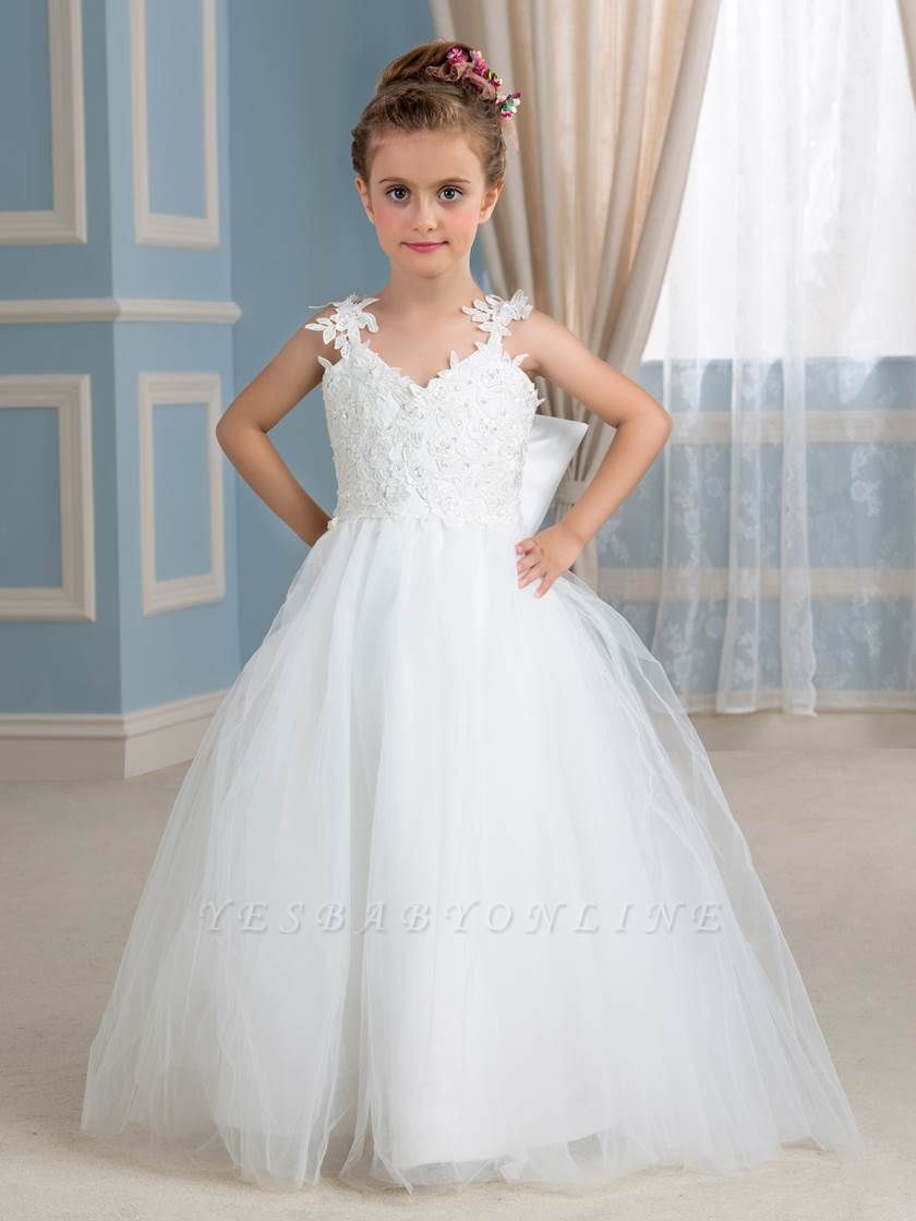 Lovely A-Line Tulle Lace Straps Sleeveless Bowknot Flower Girl Dress with Appliques