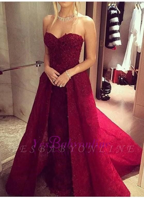 Burgundy Prom Dresses with Overskirt Sweetheart Neck Lace Beaded Long Evening Gowns