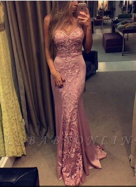 Pink Mermaid Evening Gowns Lace Appliques Sleeveless Figure-flattering Prom Dresses