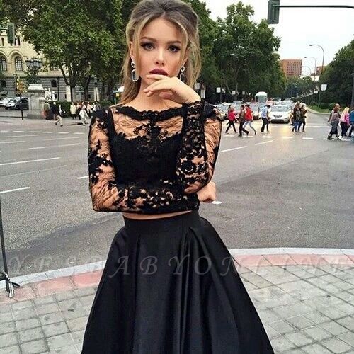 Two-Piece Black A-line Long-Sleeves Long Prom Dresses | Yesbabyonline.com