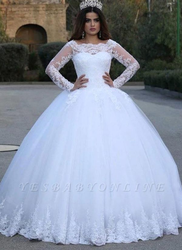 Scoop Lace Ball Gown Wedding Dresses with Long Sleeves