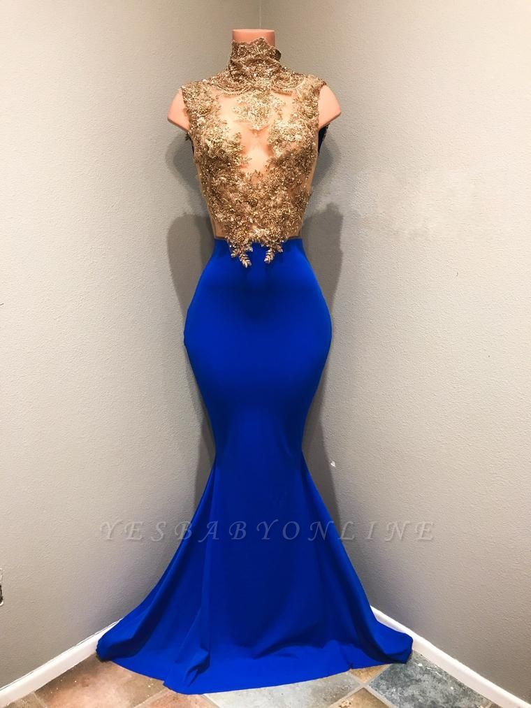 Shiny Sleeveless Mermaid Prom Dresses | Gold and Royal Blue Evening Gowns
