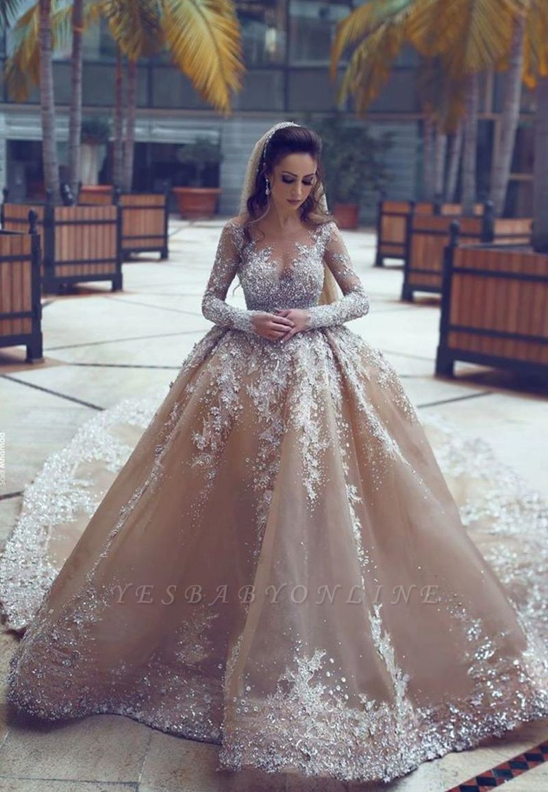 Luxury Ball Gown Wedding Dresses | Long Sleeves Beading Bridal Gowns