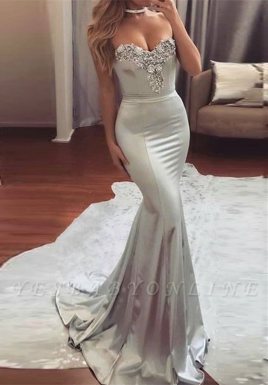 Shiny Silver Mermaid Prom Dresses Sweetheart-Neck Beading Long Evening Dress