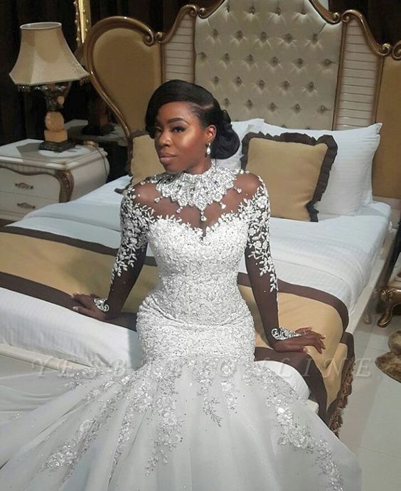 Fashion Beaded Lace Appliques High Neck Wedding Dress | Sexy Mermaid Bridal Dresses