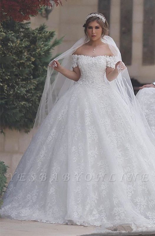 Arabic Off-Shoulder Ball-Gown Appliques Sweetheart Lace-Up-Back White Wedding Dress